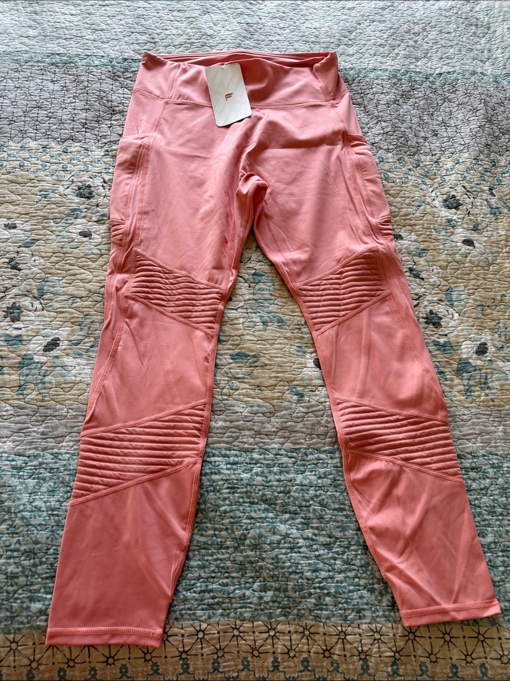 Fabletics Coral Pink Ribbed Moto Leggings